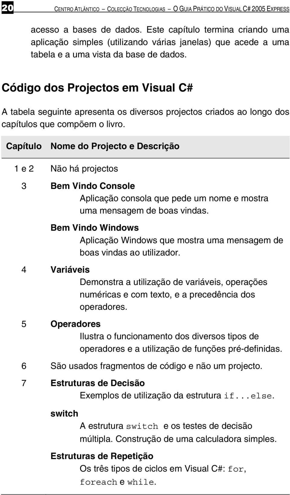 Código dos Projectos em Visual C# A tabela seguinte apresenta os diversos projectos criados ao longo dos capítulos que compõem o livro.