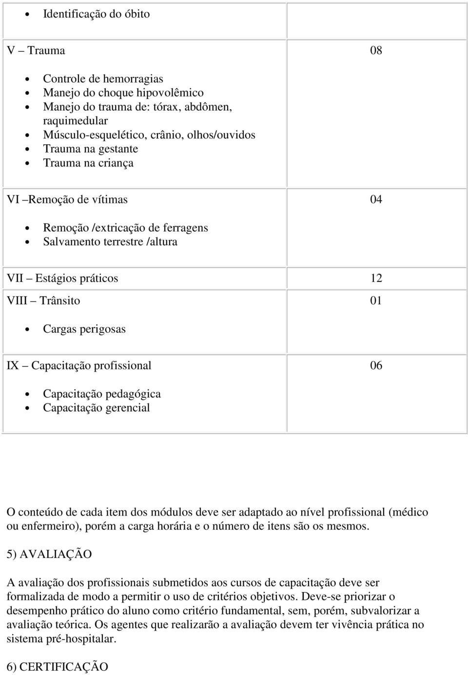 profissional 06 Capacitação pedagógica Capacitação gerencial O conteúdo de cada item dos módulos deve ser adaptado ao nível profissional (médico ou enfermeiro), porém a carga horária e o número de