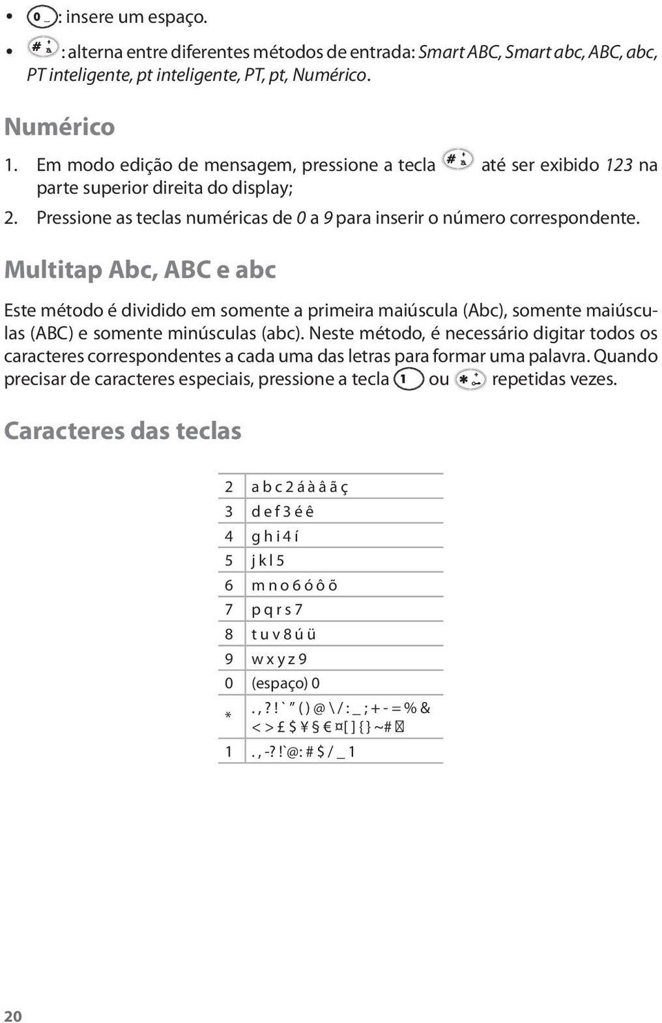 Multitap Abc, ABC e abc Este método é dividido em somente a primeira maiúscula (Abc), somente maiúsculas (ABC) e somente minúsculas (abc).