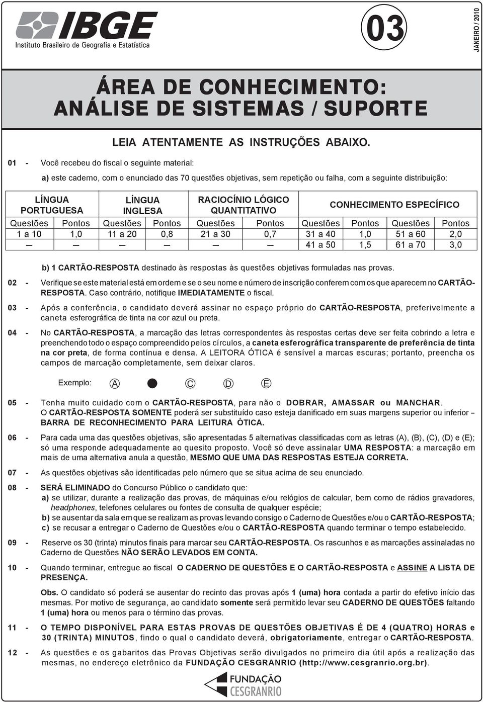 Pontos 1,0 - LÍNGUA NGLESA Questões 11 a 20 - Pontos 0,8 - RACOCÍNO LÓGCO QUANTTATVO Questões 21 a 30 - Pontos 0,7 - Questões 31 a 40 41 a 50 CONHECMENTO ESPECÍFCO Pontos 1,0 1,5 Questões 51 a 60 61