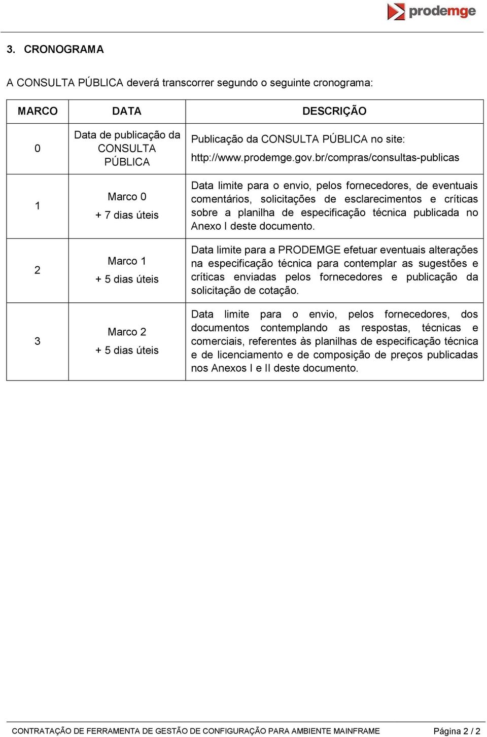 br/compras/consultas-publicas Data limite para o envio, pelos fornecedores, de eventuais comentários, solicitações de esclarecimentos e críticas sobre a planilha de especificação técnica publicada no