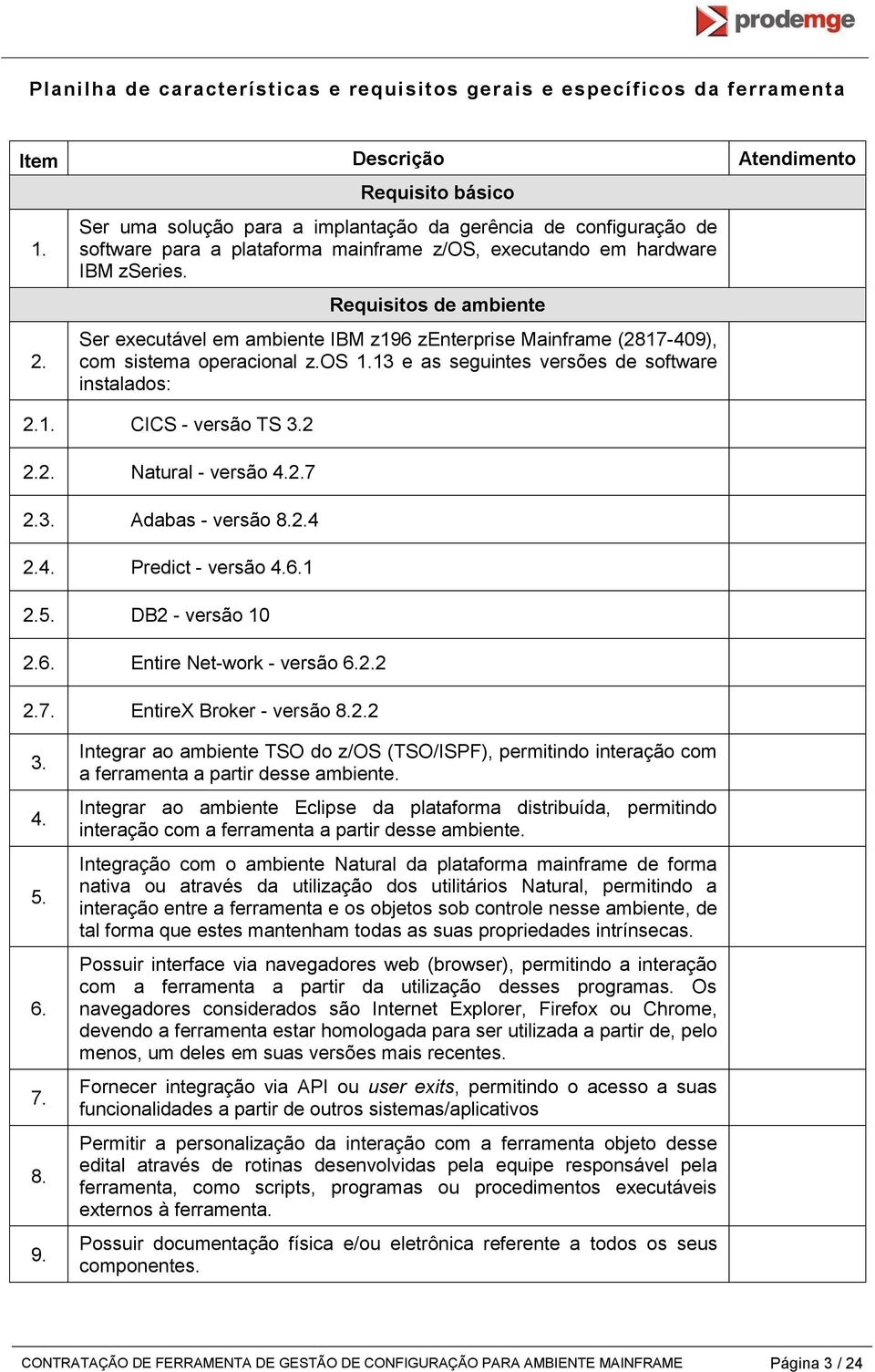 Requisitos de ambiente Ser executável em ambiente IBM z196 zenterprise Mainframe (2817-409), com sistema operacional z.os 1.13 e as seguintes versões de software instalados: 2.1. CICS - versão TS 3.