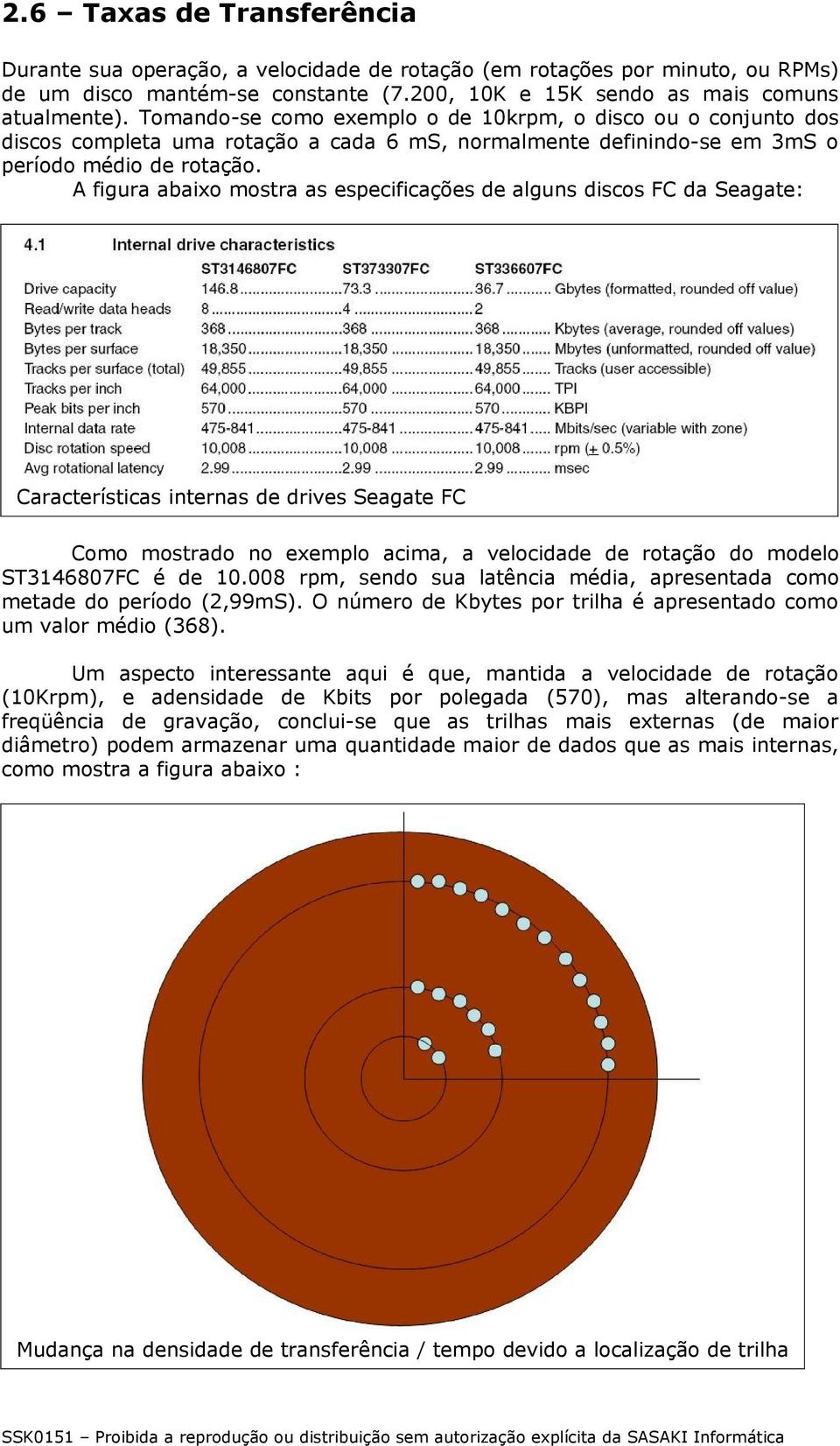 A figura abaixo mostra as especificações de alguns discos FC da Seagate: Características internas de drives Seagate FC Como mostrado no exemplo acima, a velocidade de rotação do modelo ST3146807FC é