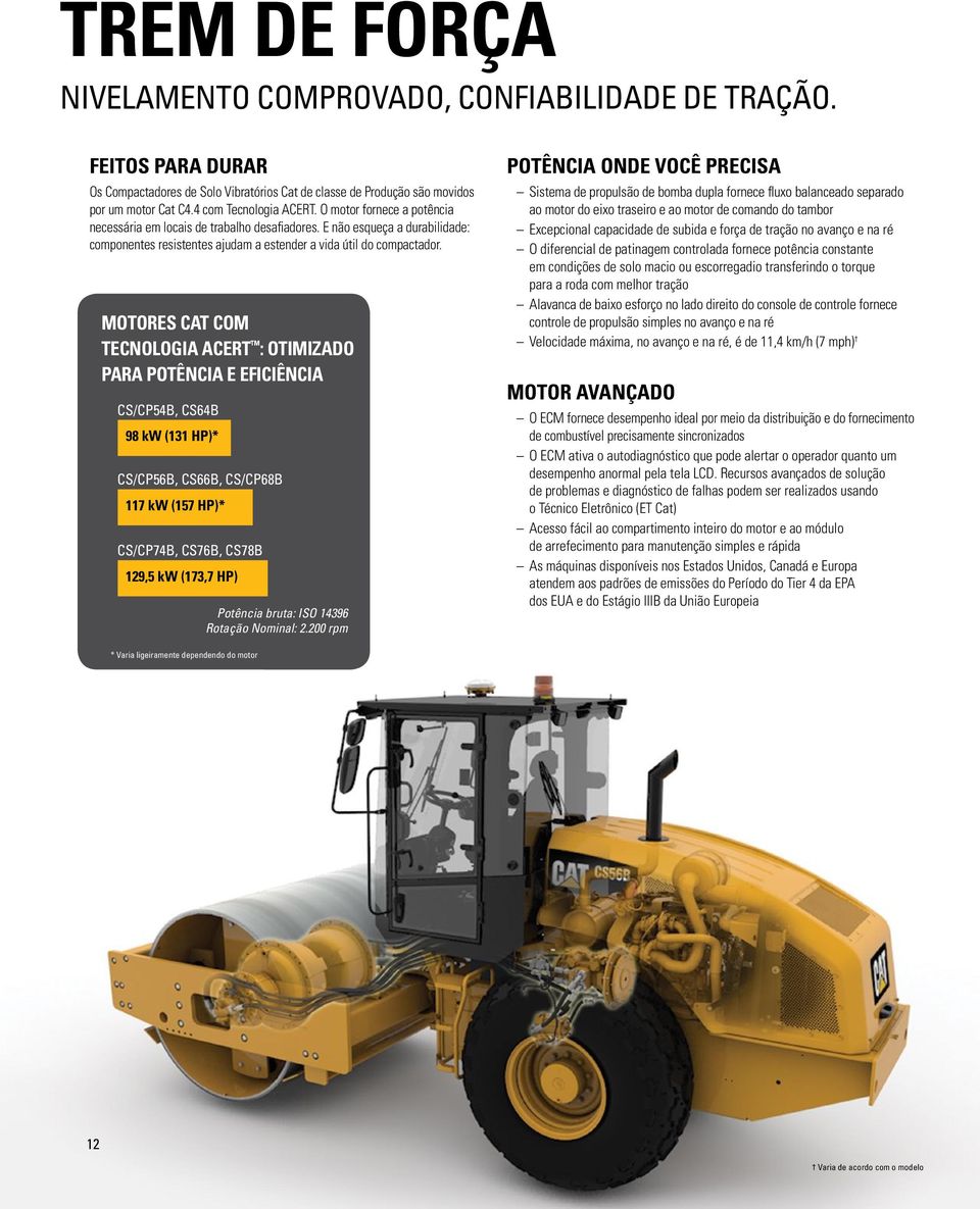 Motores Cat com Tecnologia ACERT : otimizado para potência e eficiência CS/CP54B, CS64B 98 kw (131 HP)* CS/CP56B, CS66B, CS/CP68B 117 kw (157 HP)* CS/CP74B, CS76B, CS78B 129,5 kw (173,7 HP) Potência