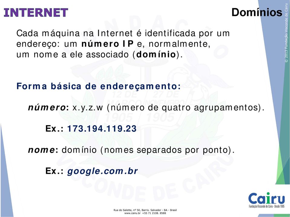 Domínios Forma básica de endereçamento: número: x.y.z.