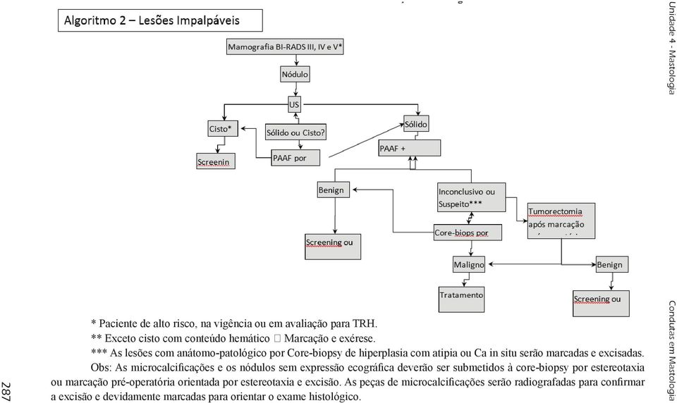 Obs: As microcalciicações e os nódulos sem expressão ecográica deverão ser submetidos à core-biopsy por estereotaxia ou marcação