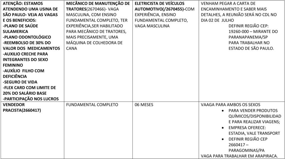 TRATORES(2670466)- VAGA MASCULINA, COM ENSINO FUNDAMENTAL COMPLETO, TER EXPERIÊNCIA,SER HABILITADO PARA MECÂNICO DE TRATORES, MAIS PRECISAMENTE, UMA MÁQUINA DE COLHEDORA DE CANA ELETRICISTA DE