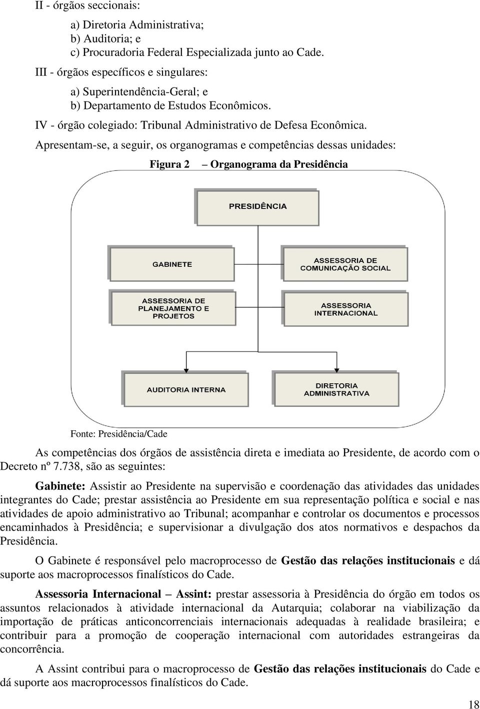 Apresentam-se, a seguir, os organogramas e competências dessas unidades: Figura 2 Organograma da Presidência Fonte: Presidência/Cade As competências dos órgãos de assistência direta e imediata ao