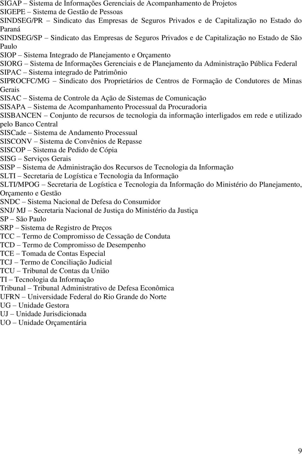 Planejamento da Administração Pública Federal SIPAC Sistema integrado de Patrimônio SIPROCFC/MG Sindicato dos Proprietários de Centros de Formação de Condutores de Minas Gerais SISAC Sistema de