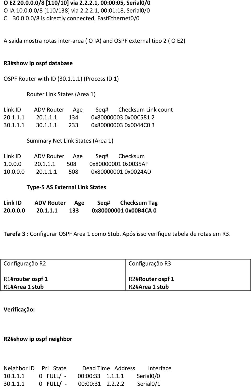0.0.0 20.1.1.1 508 0x800000010x0035AF 10.0.0.0 20.1.1.1 508 0x80000001 0x0024AD Type-5 AS External Link States Link ID ADV Router Age Seq# Checksum Tag 20.0.0.0 20.1.1.1 133 0x80000001 0x00B4CA 0 Tarefa 3 : Configurar OSPF Area 1 como Stub.