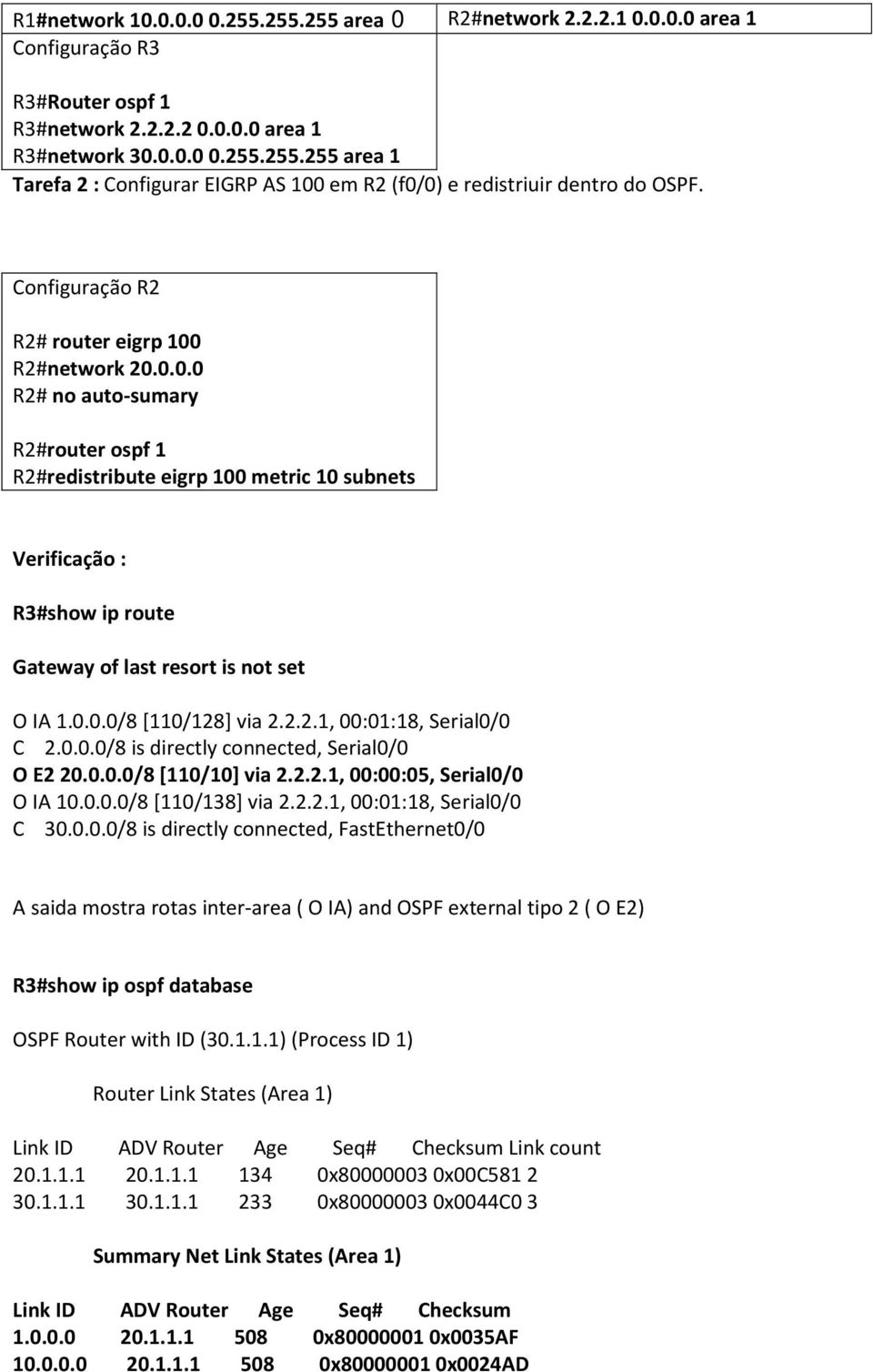 0.0.0/8 is directly connected, Serial0/0 O E2 20.0.0.0/8 [110/10] via 2.2.2.1, 00:00:05, Serial0/0 O IA 10.0.0.0/8 [110/138] via 2.2.2.1, 00:01:18, Serial0/0 C 30.0.0.0/8 is directly connected, FastEthernet0/0 A saida mostra rotas inter-area ( O IA) and OSPF external tipo 2 ( O E2) R3#show ip ospf database OSPF Router with ID (30.