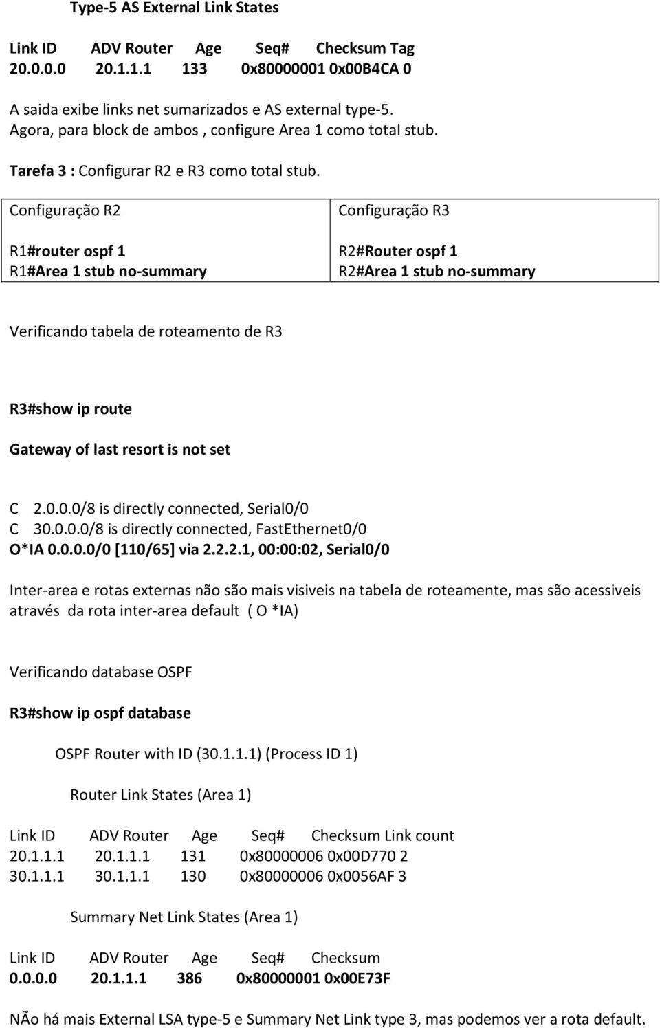 R1#router ospf 1 R1#Area 1 stub no-summary Configuração R3 R2#Router ospf 1 R2#Area 1 stub no-summary Verificando tabela de roteamento de R3 R3#show ip route C 2.0.