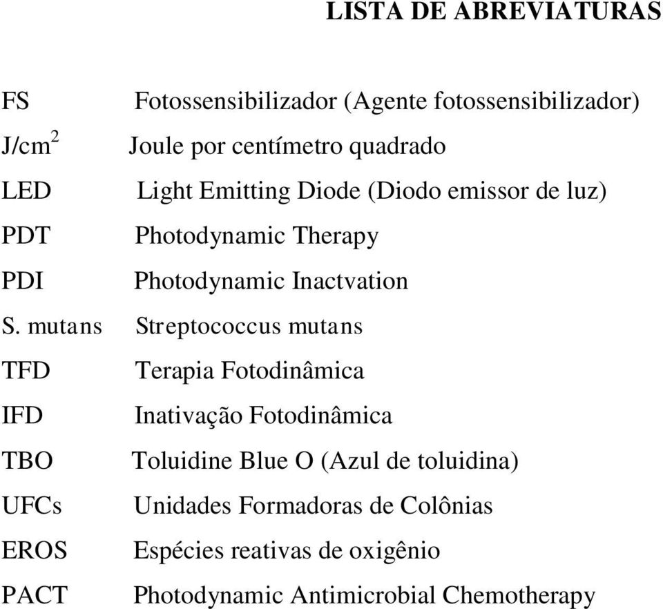 mutans Streptococcus mutans TFD Terapia Fotodinâmica IFD Inativação Fotodinâmica TBO Toluidine Blue O (Azul de