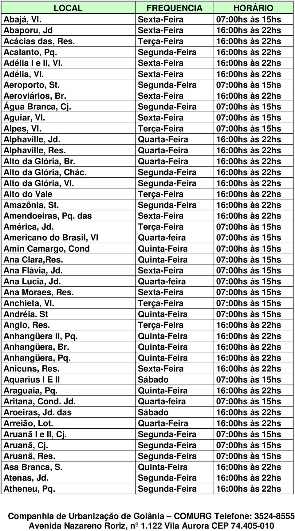 Segunda-Feira 07:00hs às 15hs Aguiar, Vl. Sexta-Feira 07:00hs às 15hs Alpes, Vl. Terça-Feira 07:00hs às 15hs Alphaville, Jd. Quarta-Feira 16:00hs às 22hs Alphaville, Res.