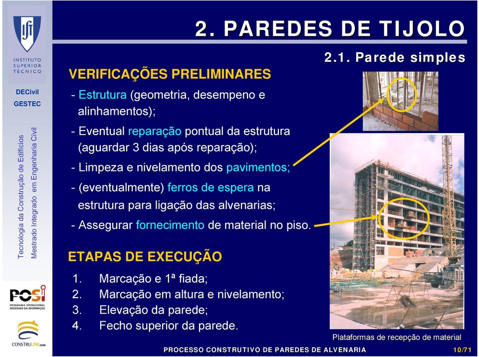 para ligação das alvenarias; - Assegurar fornecimento de material no piso. ETAPAS DE EXECUÇÃO 2.1. Parede simples 1.