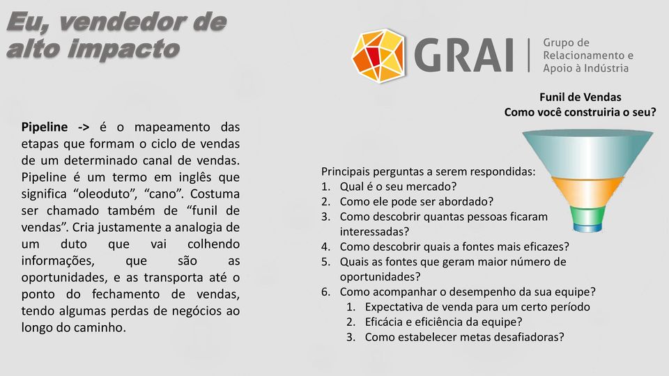 Cria justamente a analogia de um duto que vai colhendo informações, que são as oportunidades, e as transporta até o ponto do fechamento de vendas, tendo algumas perdas de negócios ao longo do caminho.