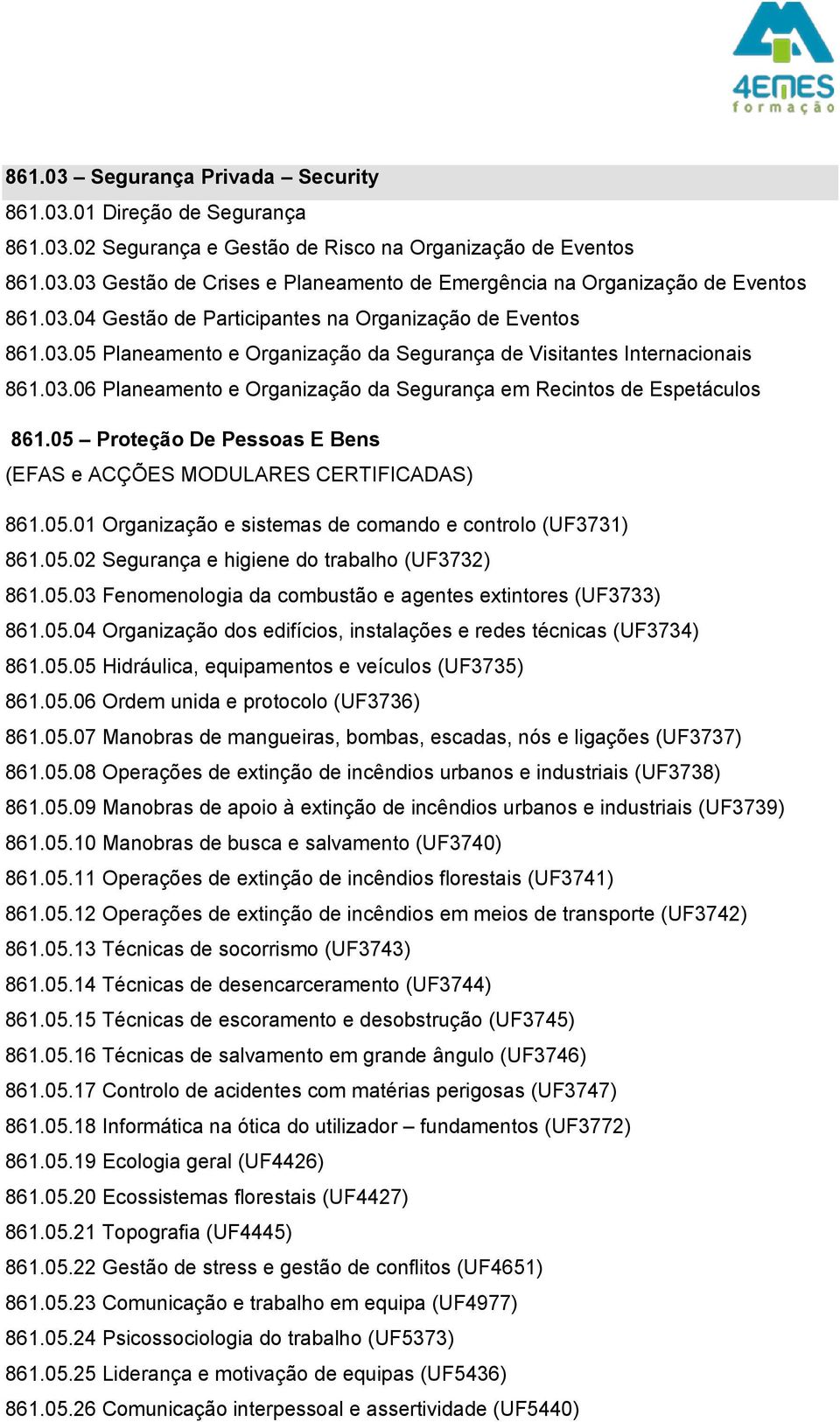 05 Proteção De Pessoas E Bens (EFAS e ACÇÕES MODULARES CERTIFICADAS) 861.05.01 Organização e sistemas de comando e controlo (UF3731) 861.05.02 Segurança e higiene do trabalho (UF3732) 861.05.03 Fenomenologia da combustão e agentes extintores (UF3733) 861.