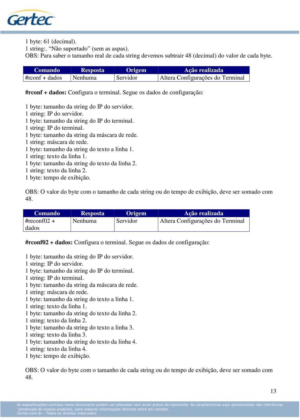 1 byte: tamanho da string do IP do terminal. 1 string: IP do terminal. 1 byte: tamanho da string da máscara de rede. 1 string: máscara de rede. 1 byte: tamanho da string do texto a linha 1.