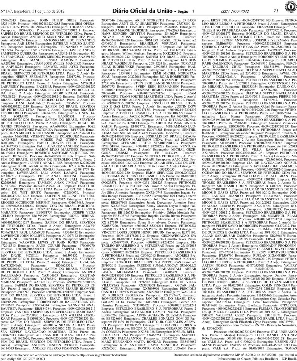 Prazo: 2 Ano(s) Estrangeiro: ANTONIO MARTINEZ RODRIGUEZ Passaporte: AD549024 Estrangeiro: ANTONIO MOLEDO FERNANDEZ Passaporte: AAE115536 Estrangeiro: ESTEBAN MOUZO SANTO- ME Passaporte: BA808817