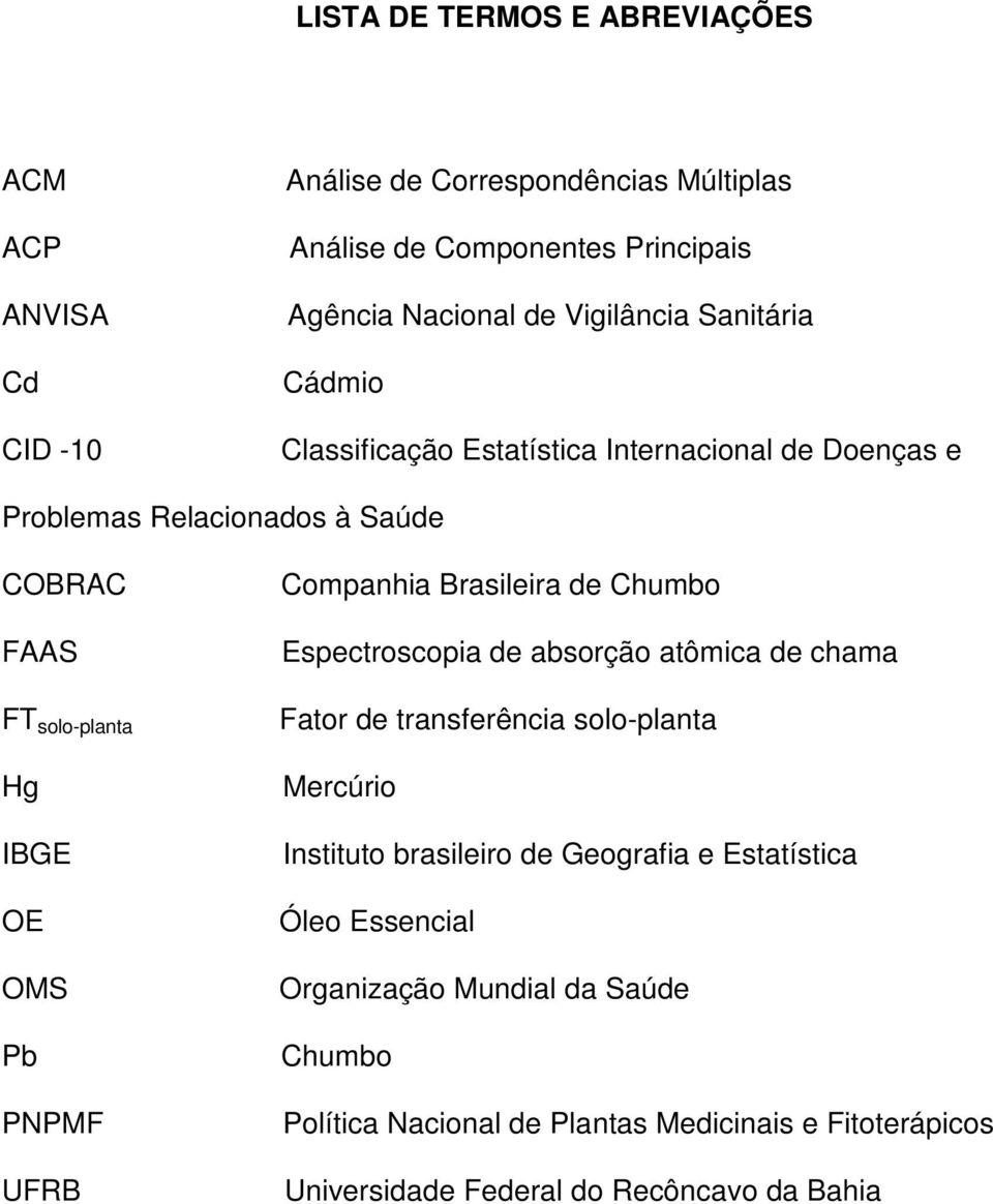 PNPMF UFRB Companhia Brasileira de Chumbo Espectroscopia de absorção atômica de chama Fator de transferência solo-planta Mercúrio Instituto brasileiro de