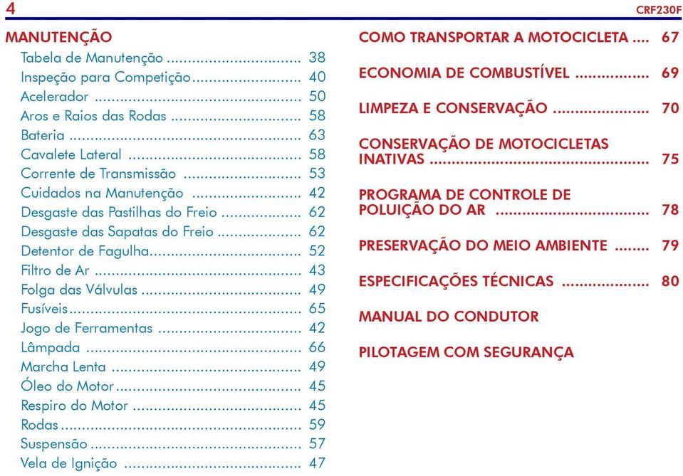 .. 65 Jogo de Ferramentas... 42 Lâmpada... 66 Marcha Lenta... 49 Óleo do Motor... 45 Respiro do Motor... 45 Rodas... 59 Suspensão... 57 Vela de Ignição... 47 COMO TRANSPORTAR A MOTOCICLETA.