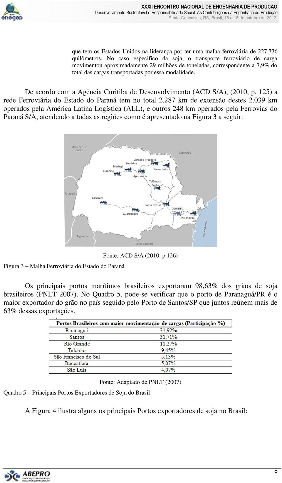 De acordo com a Agência Curitiba de Desenvolvimento (ACD S/A), (2010, p. 125) a rede Ferroviária do Estado do Paraná tem no total 2.287 km de extensão destes 2.