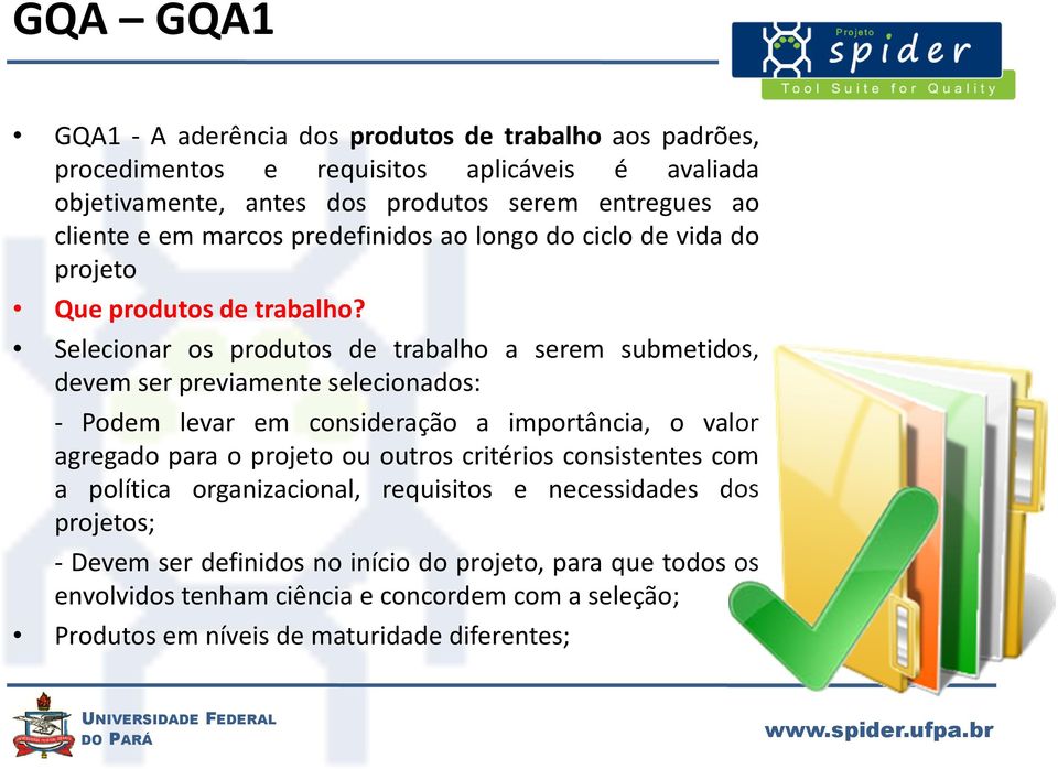 Selecionar os produtos de trabalho a serem submetidos, devem ser previamente selecionados: - Podem levar em consideração a importância, o valor agregado para o projeto ou