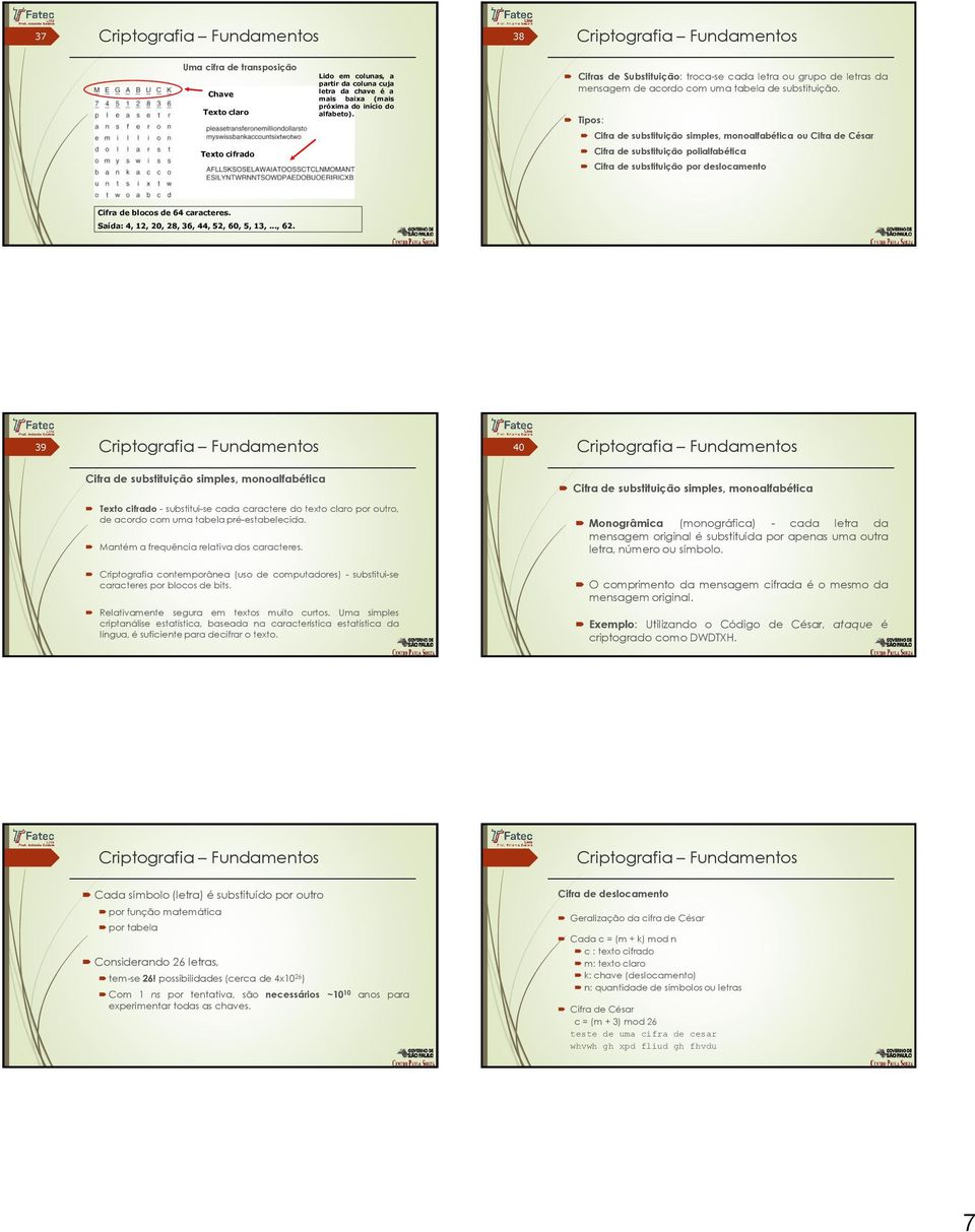 Tipos: Cifra de substituição simples, monoalfabética ou Cifra de César Cifra de substituição polialfabética Cifra de substituição por deslocamento Cifra de blocos de 64 caracteres.