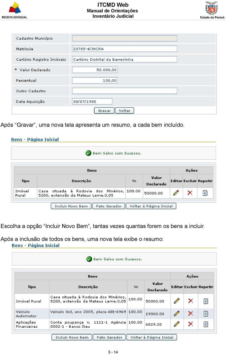 Escolha a opção Incluir Novo Bem, tantas vezes quantas