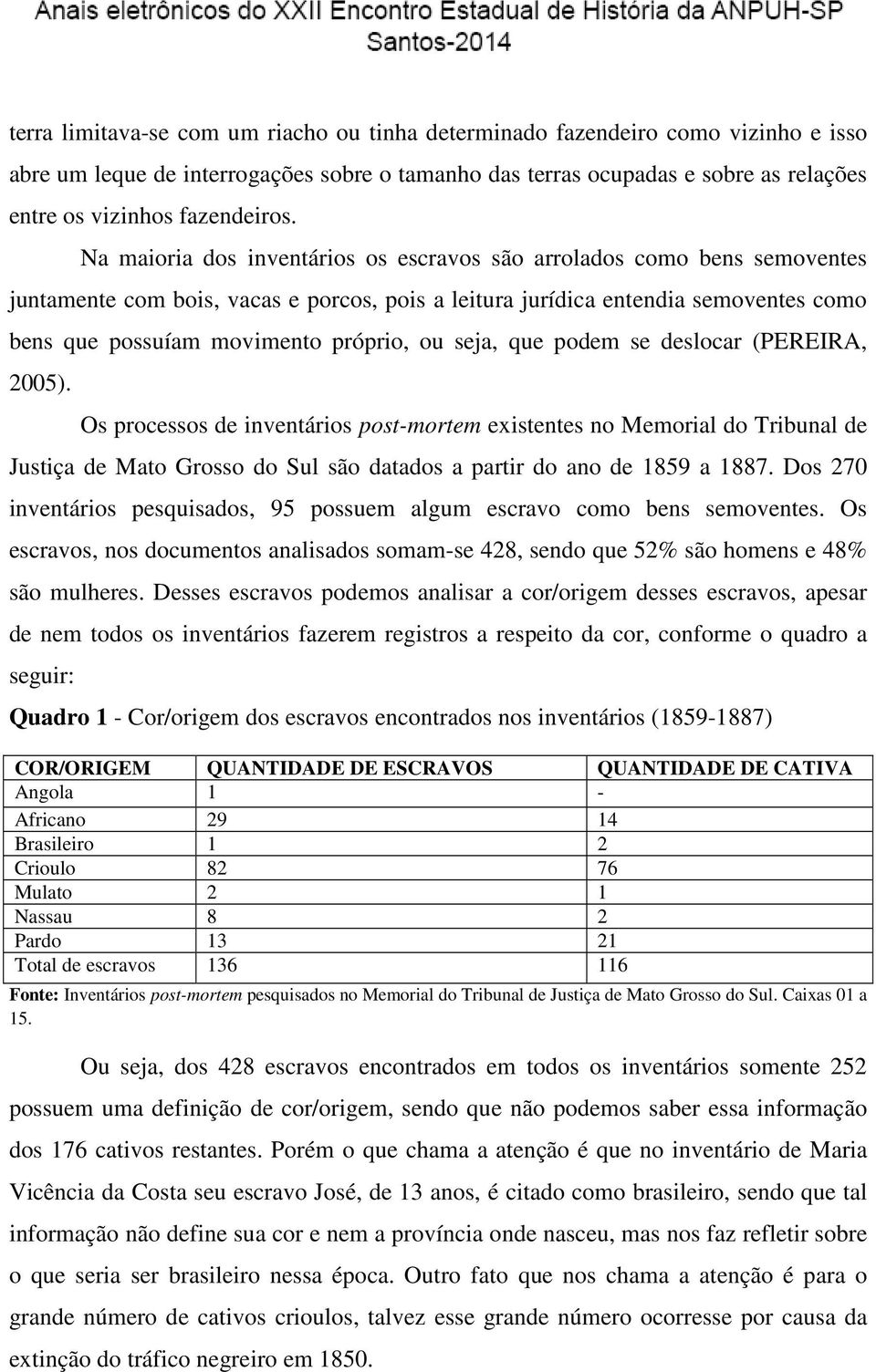 Na maioria dos inventários os escravos são arrolados como bens semoventes juntamente com bois, vacas e porcos, pois a leitura jurídica entendia semoventes como bens que possuíam movimento próprio, ou