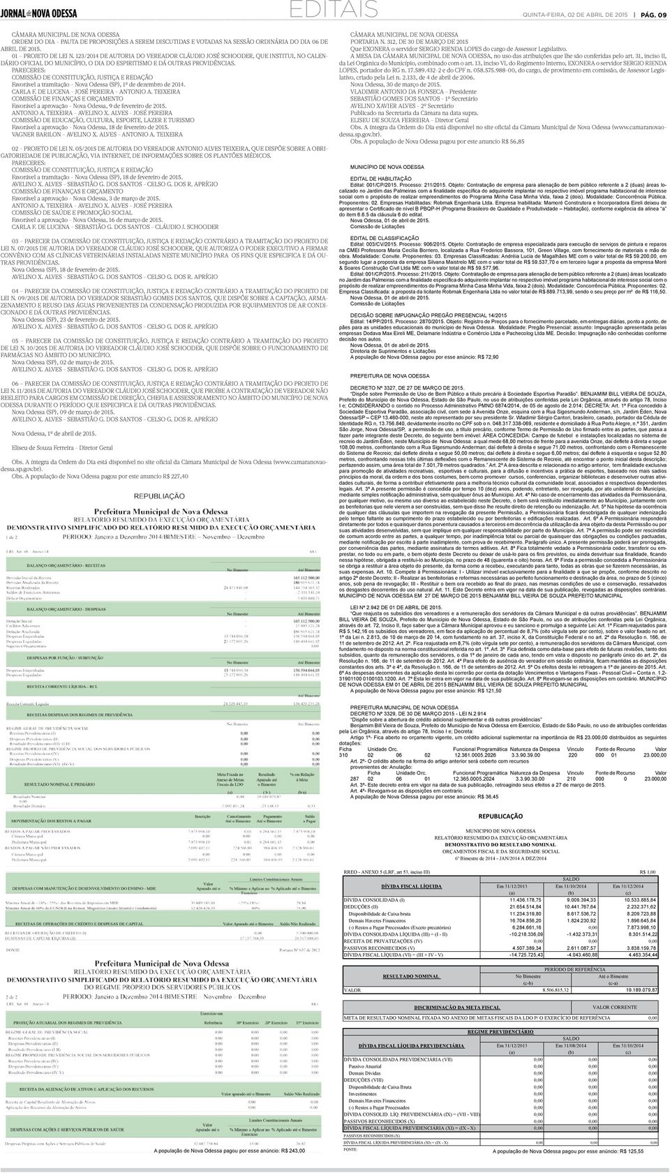 PARECERES: COMISSÃO DE CONSTITUIÇÃO, JUSTIÇA E REDAÇÃO Favorável a tramitação - Nova Odessa (SP), 1º de dezembro de 2014. CARLA F. DE LUCENA - JOSÉ PEREIRA - ANTONIO A.