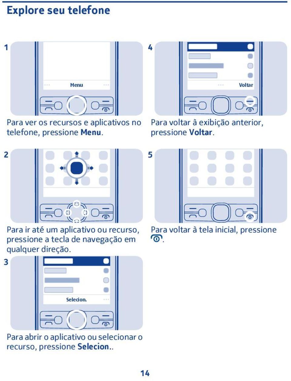 5 Para ir até um aplicativo ou recurso, pressione a tecla de navegação em qualquer