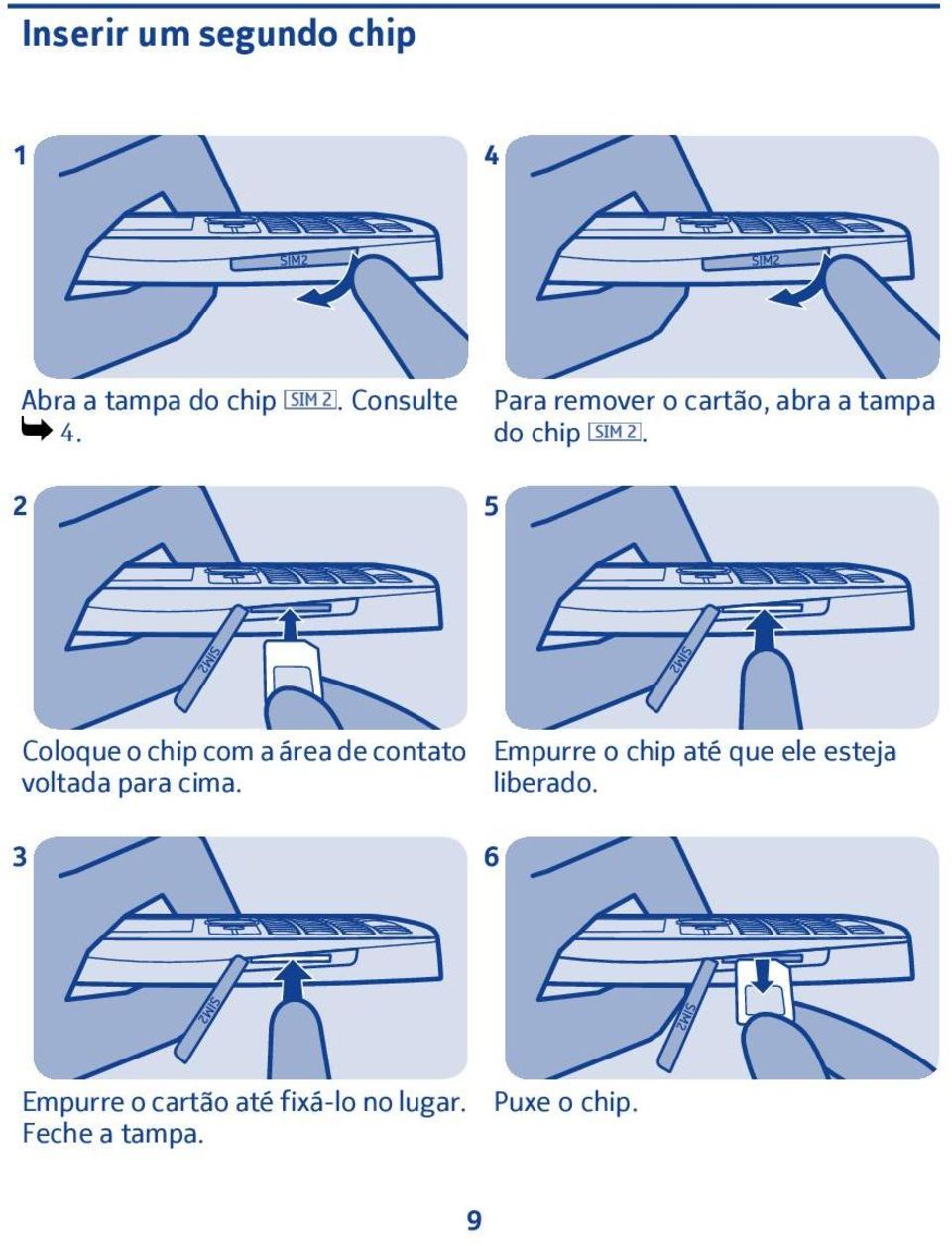 5 Coloque o chip com a área de contato voltada para cima.