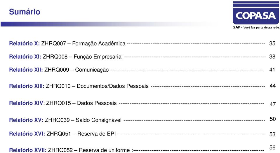 5 8 4 Relatório XIII: ZHRQ00 Documentos/Dados Pessoais --------------------------------------------------------------- 44 Relatório XIV: ZHRQ05 Dados Pessoais