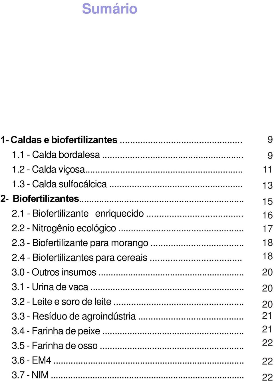 .. 2.4 - Biofertilizantes para cereais... 3.0 - Outros insumos... 3.1 - Urina de vaca... 3.2 - Leite e soro de leite... 3.3 - Resíduo de agroindústria.