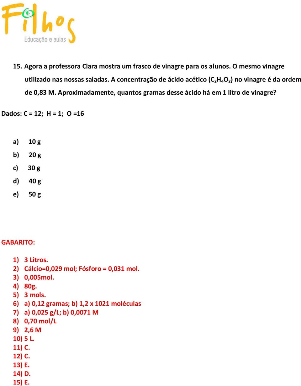 Aproximadamente, quantos gramas desse ácido há em 1 litro de vinagre?