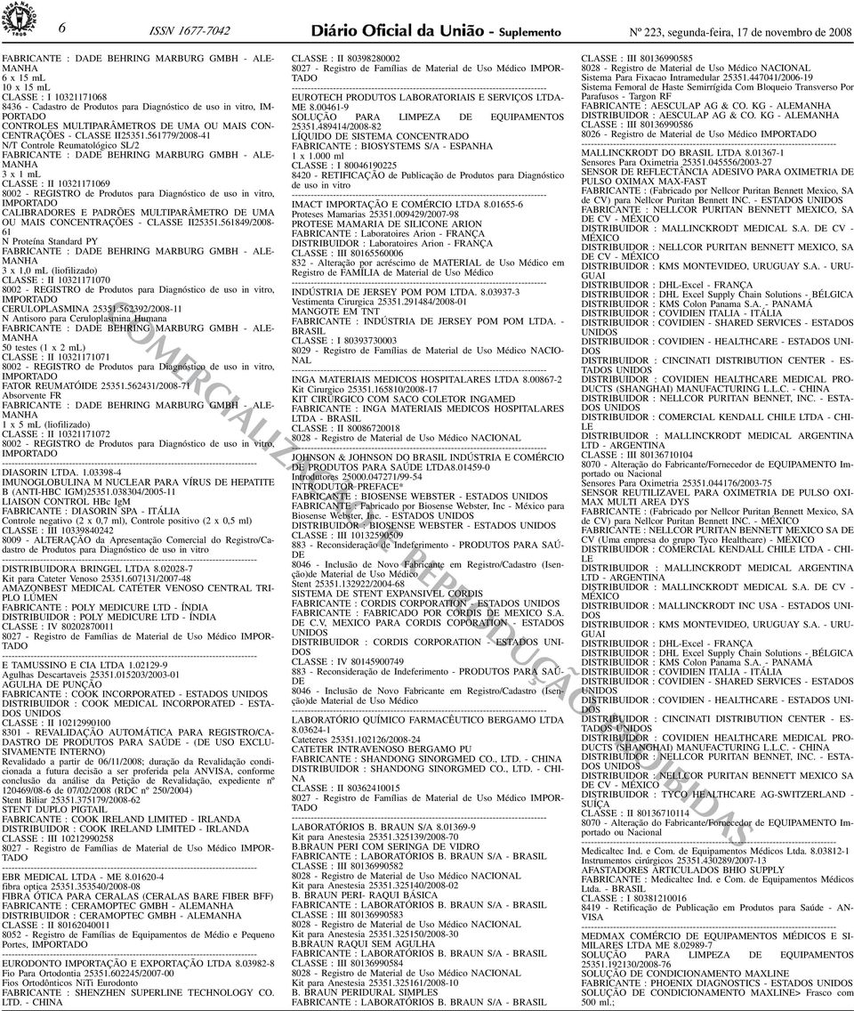 MULTIPARÂMETRO DE UMA OU MAIS CONCENTRAÇÕES - CLASSE II25351561849/2008-61 N Proteína Standard PY FABRICANTE : DADE BEHRING MARBURG GMBH - ALE- MANHA 3 x 1,0 ml (liofilizado) CLASSE : II 10321171070