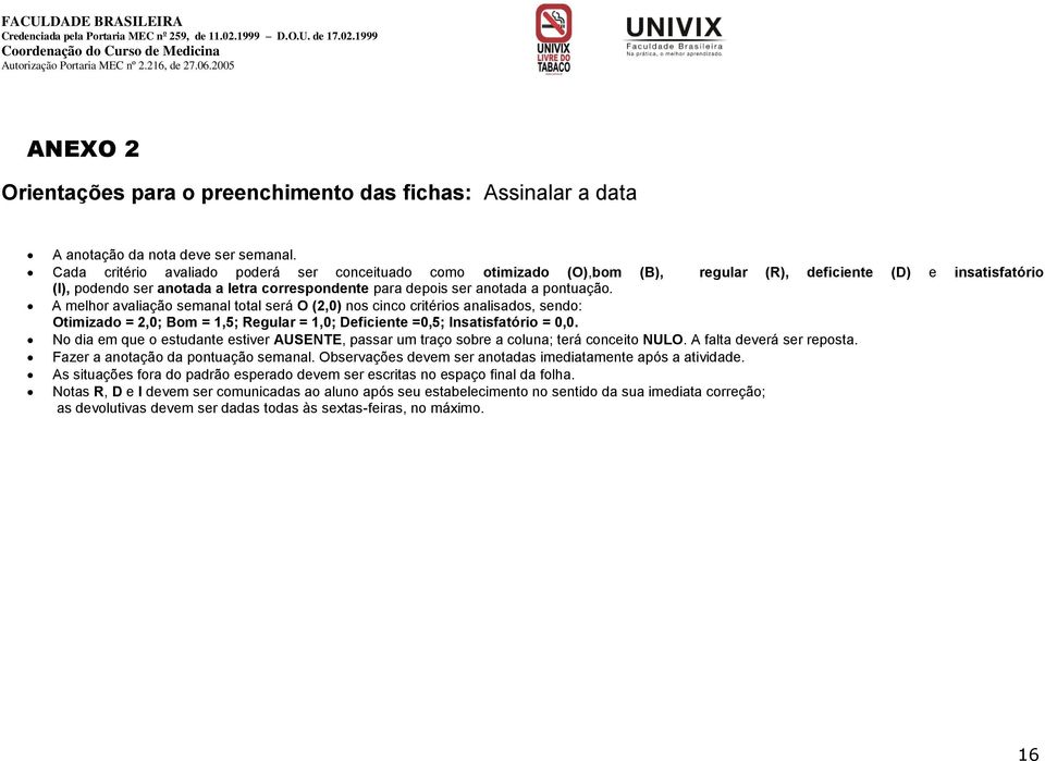 pontuação. A melhor avaliação semanal total será O (2,0) nos cinco critérios analisados, sendo: Otimizado = 2,0; Bom = 1,5; Regular = 1,0; Deficiente =0,5; Insatisfatório = 0,0.