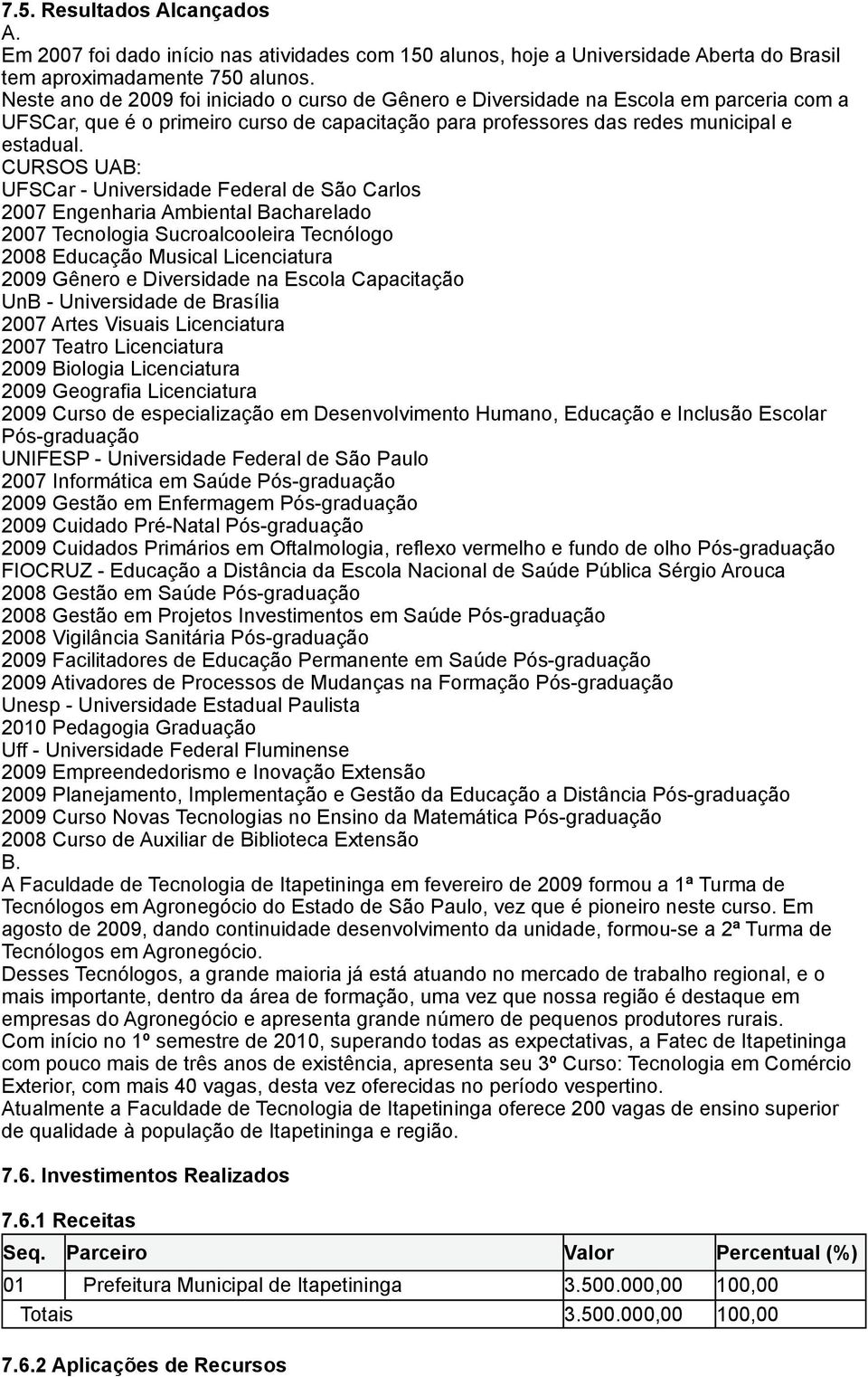 CURSOS UAB: UFSCar - Universidade Federal de São Carlos 2007 Engenharia Ambiental Bacharelado 2007 Tecnologia Sucroalcooleira Tecnólogo 2008 Educação Musical Licenciatura 2009 Gênero e Diversidade na