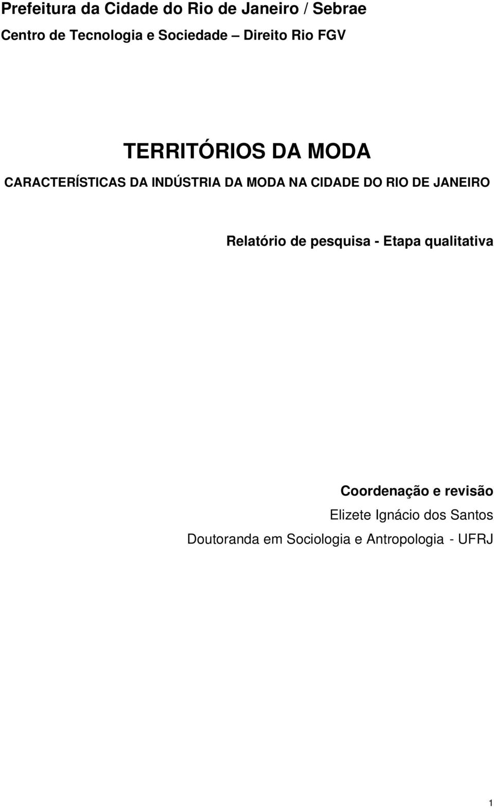 CIDADE DO RIO DE JANEIRO Relatório de pesquisa - Etapa qualitativa Coordenação e