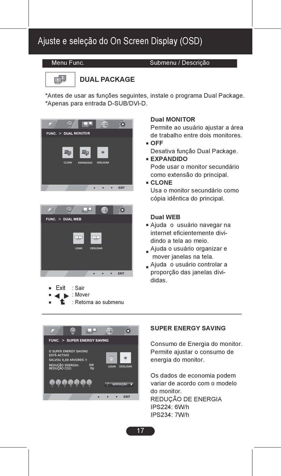 CLONE Usa o monitor secundário como cópia idêntica do principal. Exit : Sair : Mover : Retorna ao submenu Dual WEB Ajuda o usuário navegar na internet eficientemente dividindo a tela ao meio.