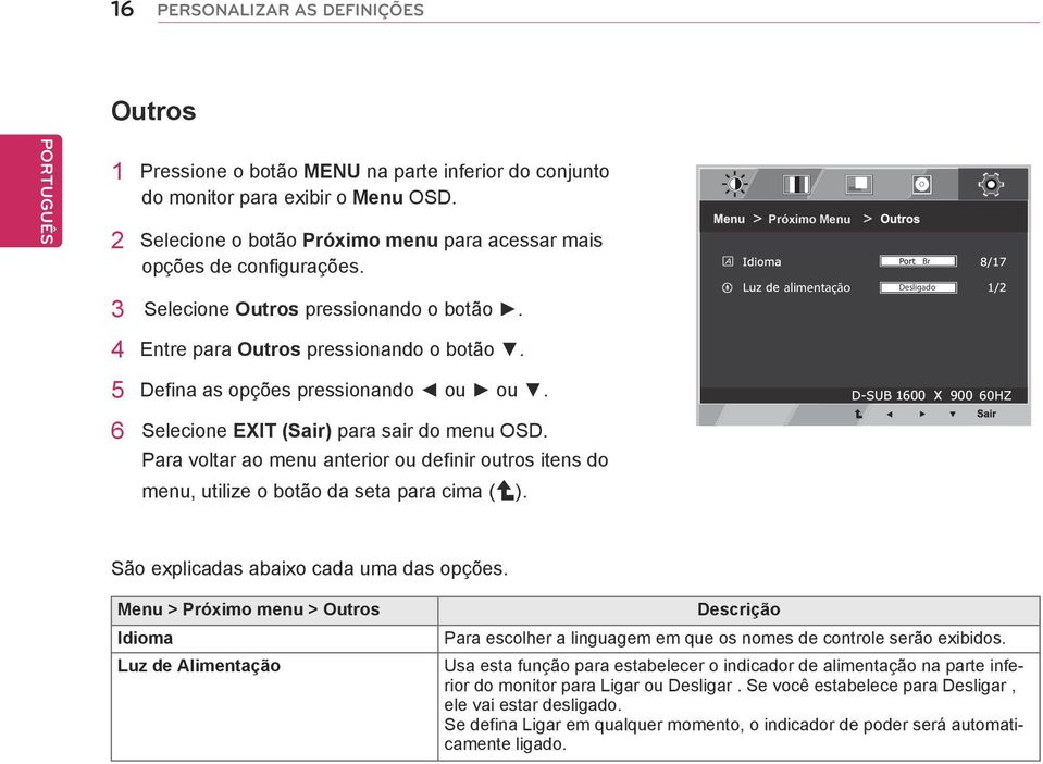 5 Defina as opções pressionando ou ou. 1600 X 900 6 Selecione EXIT (Sair) para sair do menu OSD. Para voltar ao menu anterior ou definir outros itens do menu, utilize o botão da seta para cima ( ).