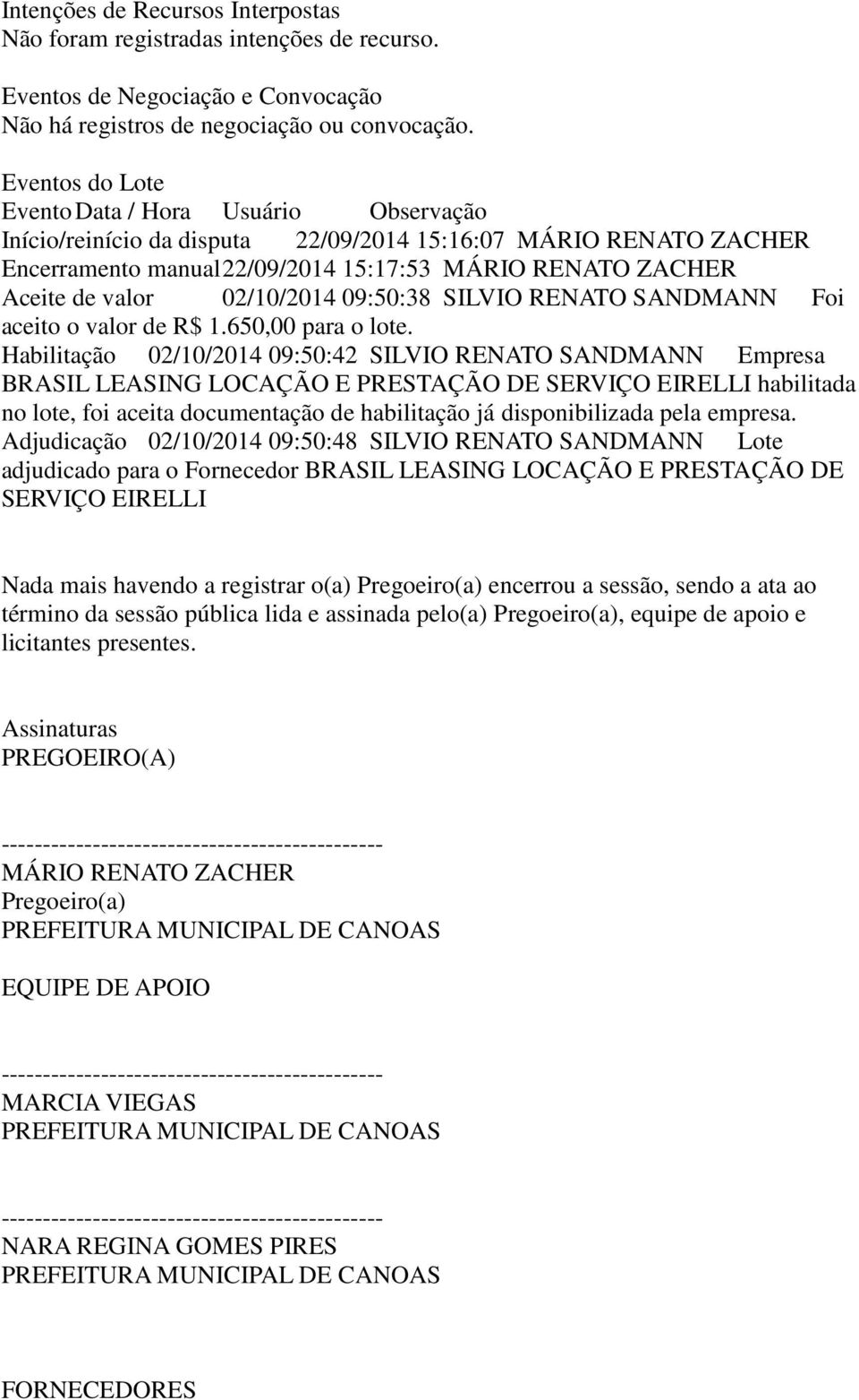 02/10/2014 09:50:38 SILVIO RENATO SANDMANN Foi aceito o valor de R$ 1.650,00 para o lote.