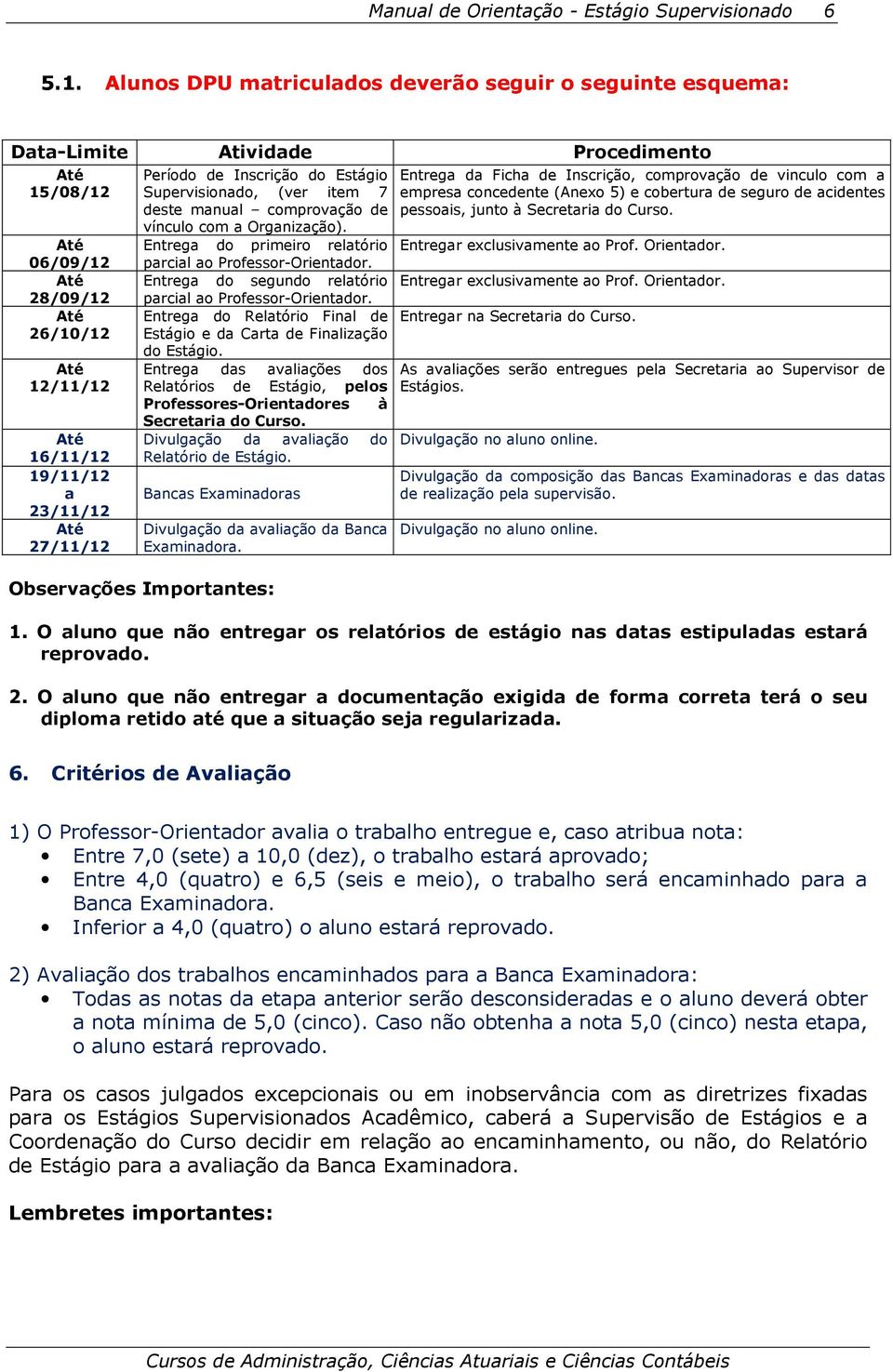 27/11/12 Período de Inscrição do Estágio Supervisionado, (ver item 7 deste manual comprovação de vínculo com a Organização). Entrega do primeiro relatório parcial ao Professor-Orientador.