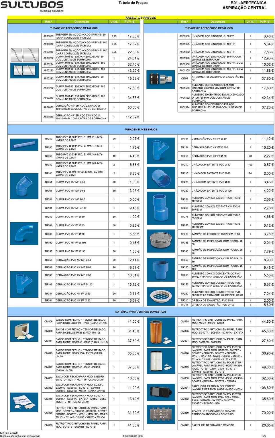 45 EM AÇO ZINCADO Ø 100/100 M/M DERIVAÇÃO 45 EM AÇO ZINCADO Ø 160/160 M/M 2,25 17,80 A901350 UNIÃO EM AÇO ZINCADO, Ø 80 F/F 1 6,48 2,25 17,82 A901355 UNIÃO EM AÇO ZINCADO, Ø 100 F/F 1 5,34 2,25 22,68