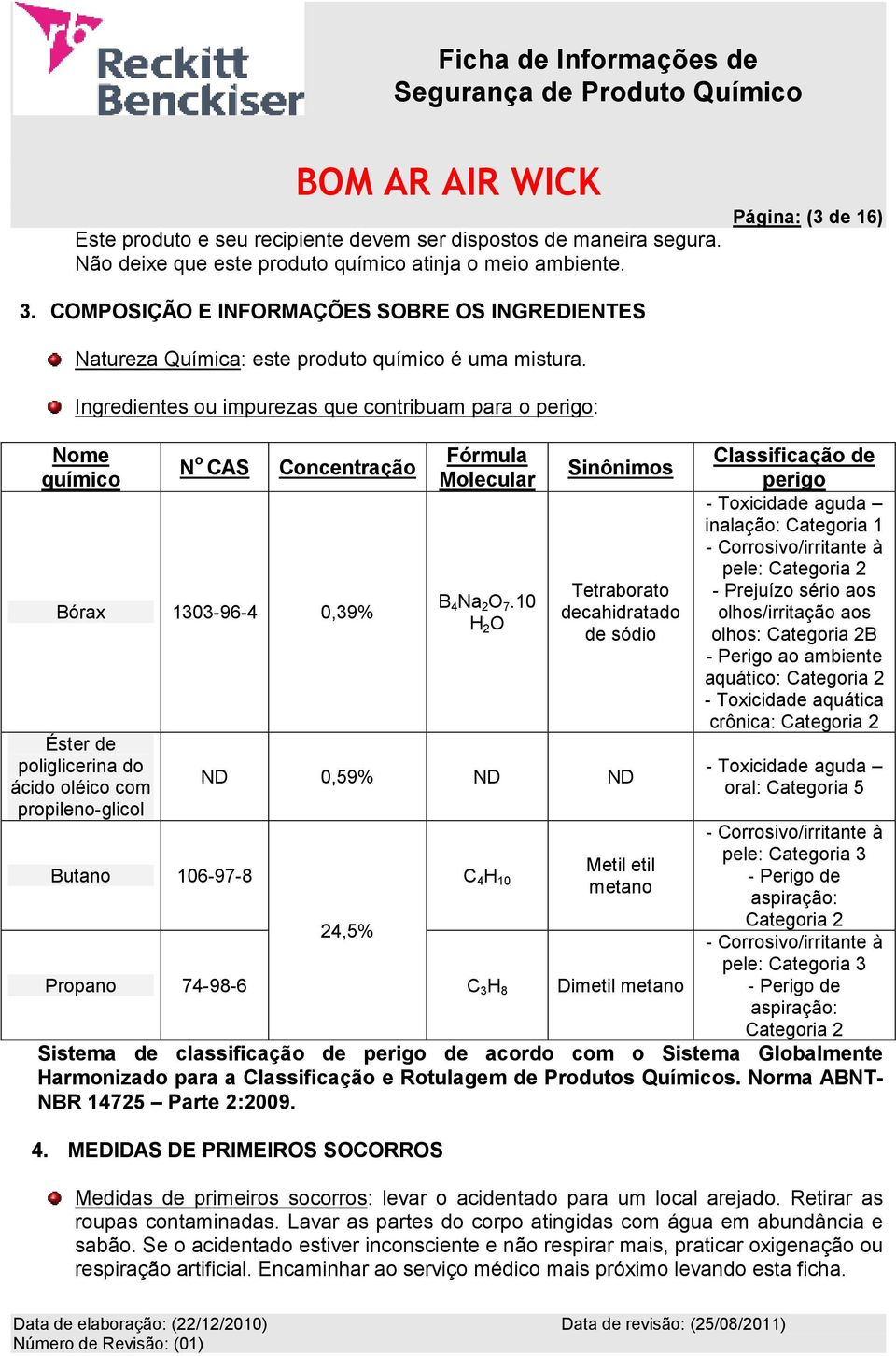 Ingredientes ou impurezas que contribuam para o perigo: Nome químico N o CAS Concentração Bórax 1303-96-4 0,39% Éster de poliglicerina do ácido oléico com propileno-glicol Butano 106-97-8 Fórmula