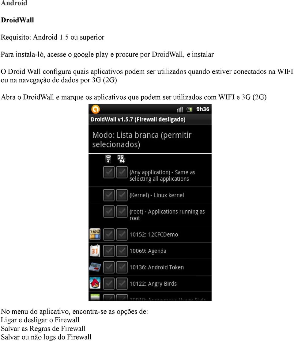 aplicativos podem ser utilizados quando estiver conectados na WIFI ou na navegação de dados por 3G (2G) Abra o DroidWall