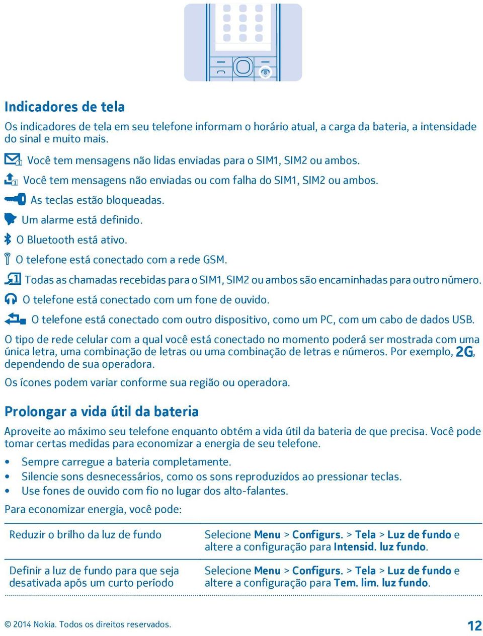 O Bluetooth está ativo. O telefone está conectado com a rede GSM. Todas as chamadas recebidas para o SIM1, SIM2 ou ambos são encaminhadas para outro número.