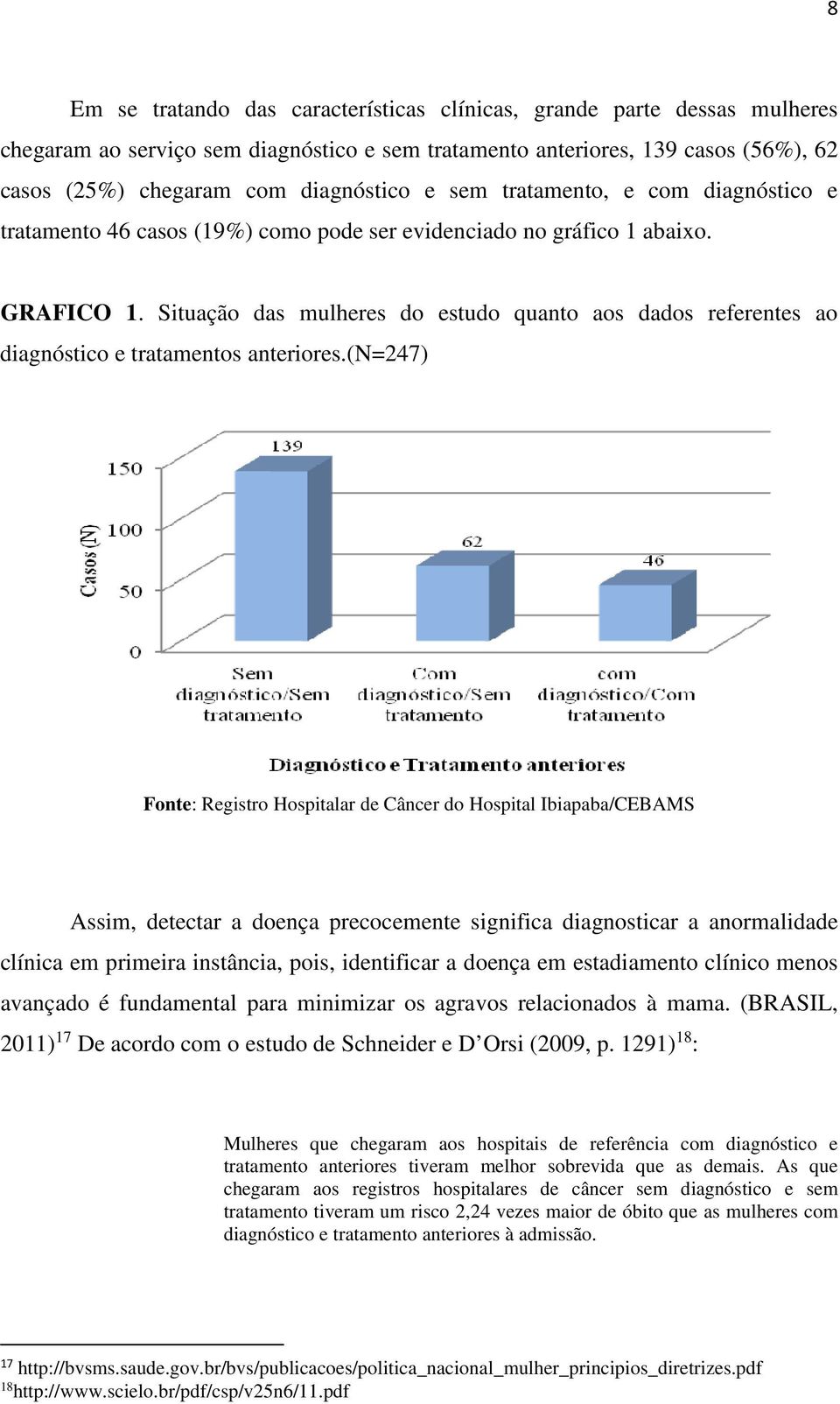 Situação das mulheres do estudo quanto aos dados referentes ao diagnóstico e tratamentos anteriores.