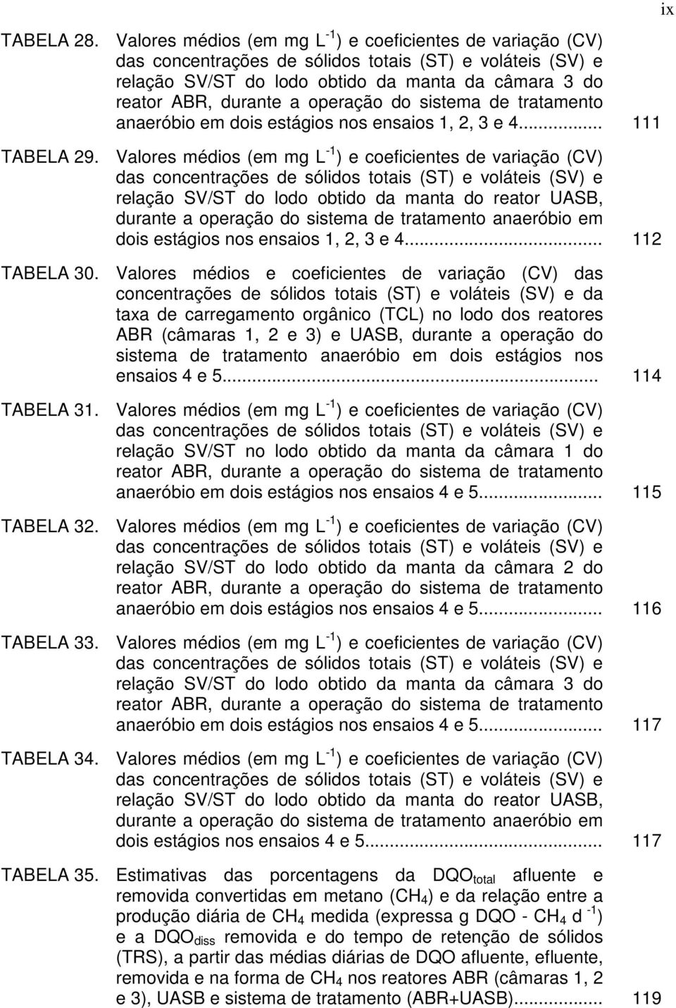 operação do sistema de tratamento anaeróbio em dois estágios nos ensaios 1, 2, 3 e 4... 111 TABELA 29.